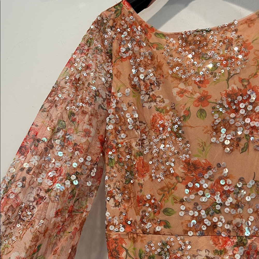 Mac Duggal Floral Maxi Long Sleeve Dress in apricot & sequin size 12 new women’s - Picture 5 of 12